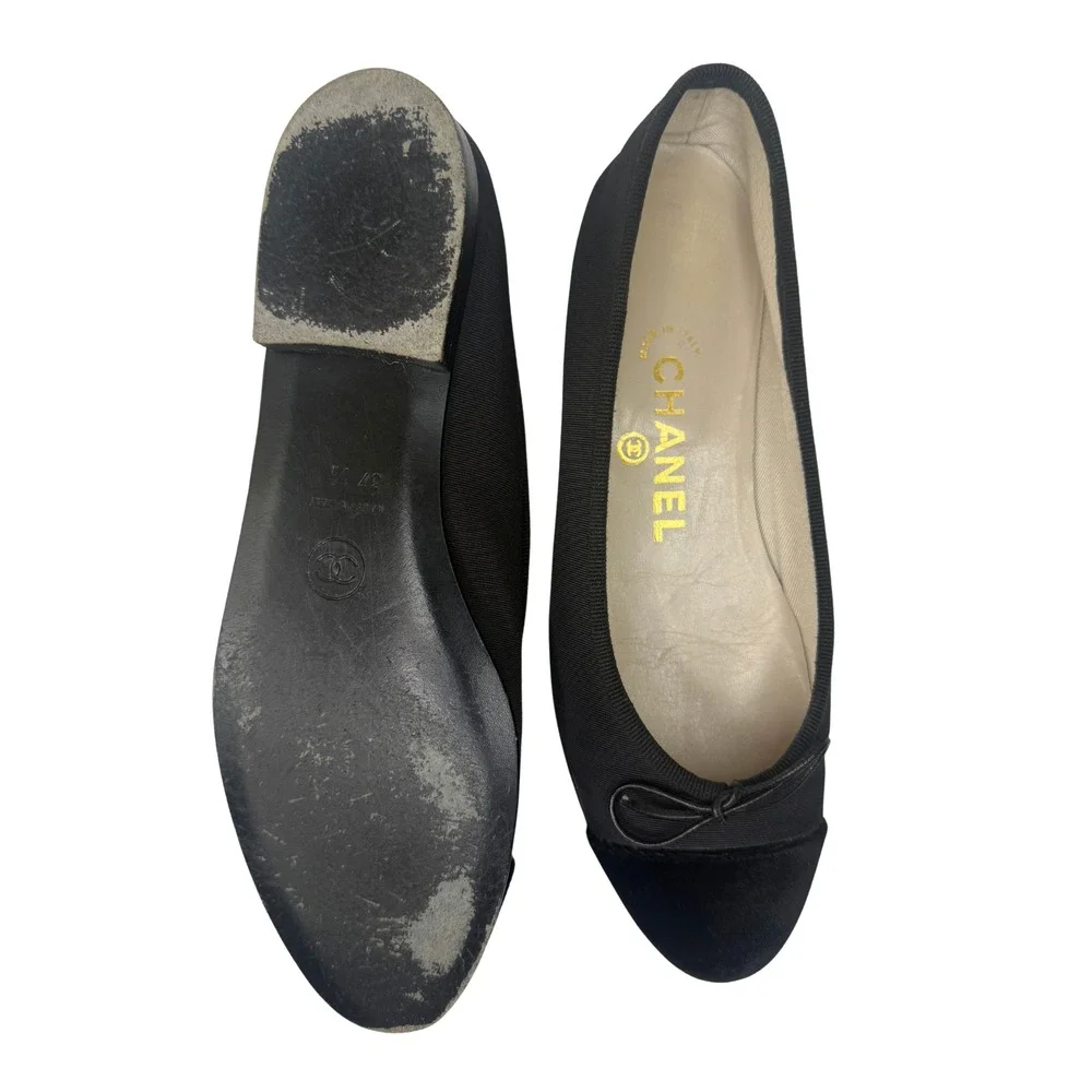 Chanel Black Grosgrain and Velvet Bow Ballet Flats